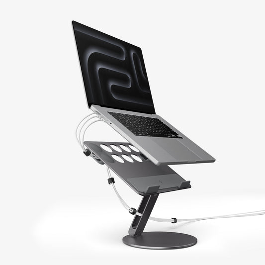 AMP09303 - Laptop Stand | LD206C in Space Gray showing the front and side with laptop hovering above the stand