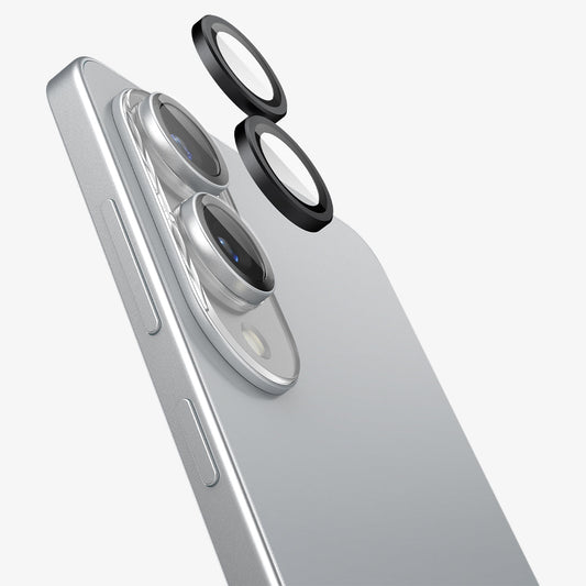 AGL09412 - Galaxy S25 Edge Optik EZ Fit Lens Pro Protector in Black showing the 2 lens screen protector hovering in front of the camera lens and the device