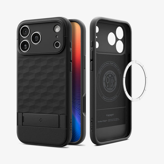 ACS09911 - iPhone 18 Pro Max / iPhone 17 Pro Max Parallax S (Mag Fit) in Matte Black showing the back and inside magnet layers