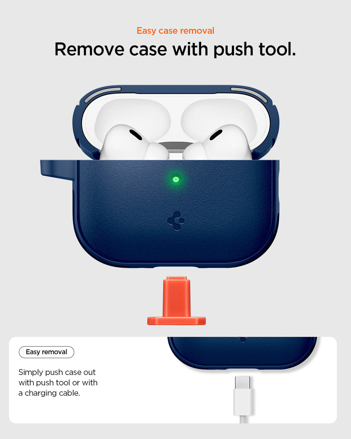 ACS09828 - AirPods Pro 3 Spigen Vault in Navy Blue showing easy case removal. Push case out with cable