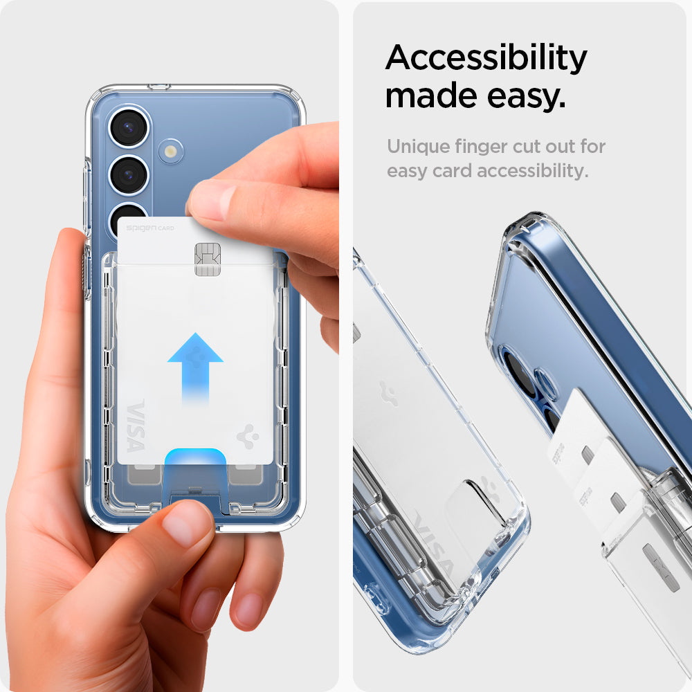 AFA09206 - Galaxy S25 Series Ultra Hybrid MagFit Wallet (MagFit) in Crystal Clear showing the accessibility made easy. Unique finger cut out for easy card accessibility