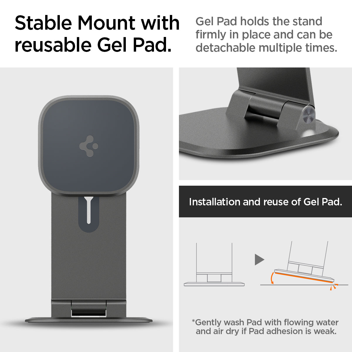 AMP06414 - OneTap Easel Magnetic Stand (MagFit) in black showing the stable mount with reusable Gel Pad. Gel Pad holds the stand firmly in place and can be detachable multiple times. Installation and reuse of Gel Pad. (Gently wash Pad with flowing water and air dry if Pad adhesion is weak)