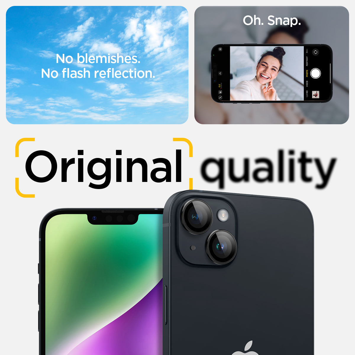 AGL05213 - iPhone 14 / 14 Plus Optik Pro Lens Protector in black showing the no blemishes, no flash reflection oh, snap, original quality.