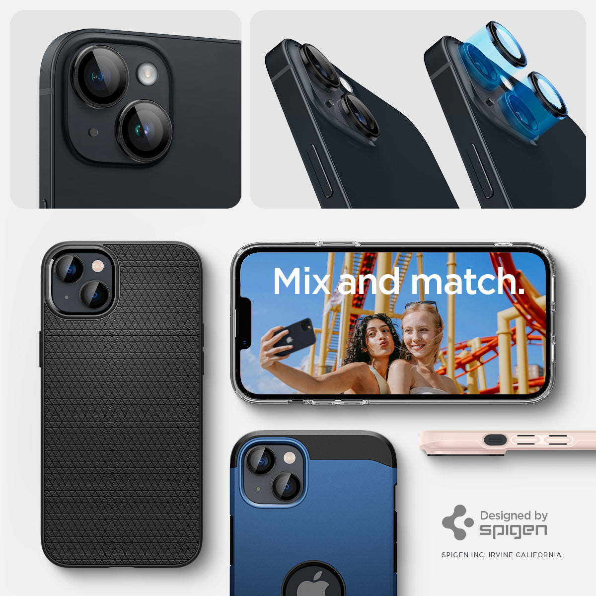 AGL05213 - iPhone 14 / 14 Plus Optik Pro Lens Protector in black showing the mix and match