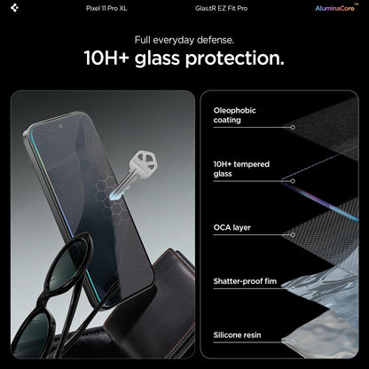 AGL11485 - Pixel 11 Pro XL GLAS.tR EZ Fit Pro cross-sectional diagram showing the oleophobic coating, 10H+ tempered glass, OCA layer, shatter-proof film, and silicone resin construction.