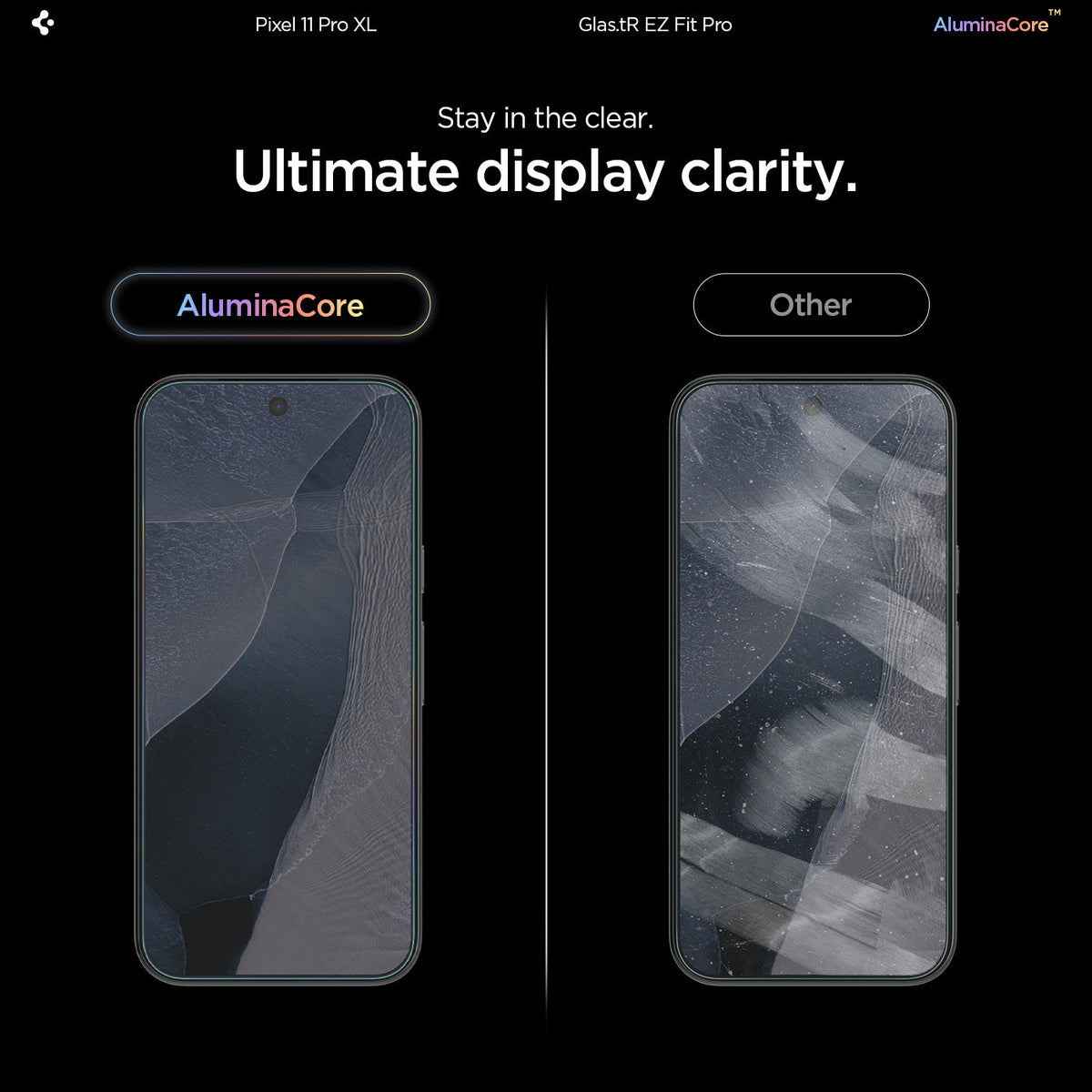 AGL11485 - Pixel 11 Pro XL GLAS.tR EZ Fit Pro comparison showing AluminaCore glass with enhanced display clarity next to a standard screen protector with reduced visibility.