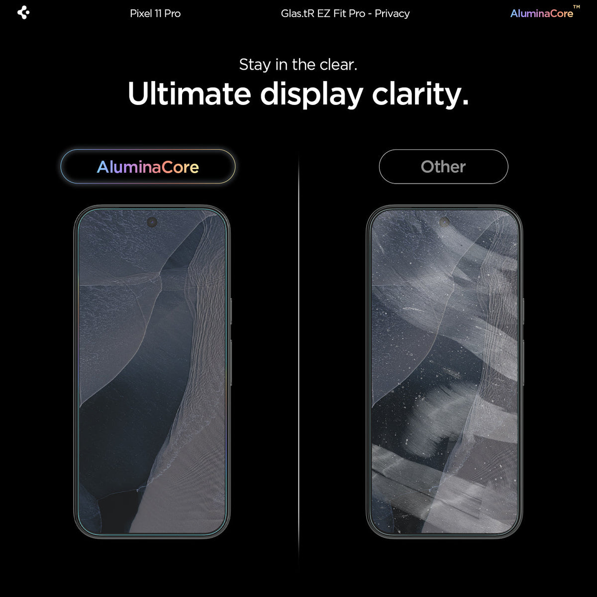 AGL11481 - Pixel 11 Pro GLAS.tR EZ Fit | Privacy comparison showing clearer display with AluminaCore privacy glass.