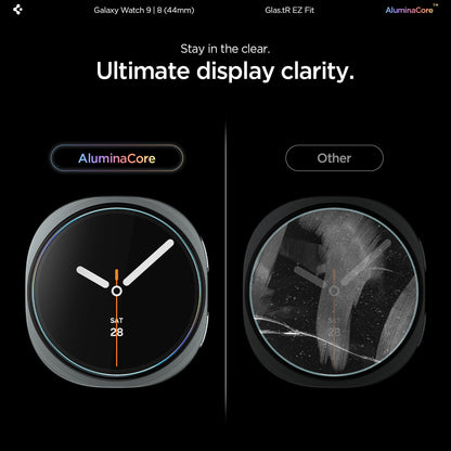 AGL09876 - Galaxy Watch 9 (44mm) GLAS.tR EZ Fit showing a side-by-side comparison of the glass's clarity against a cracked watch face