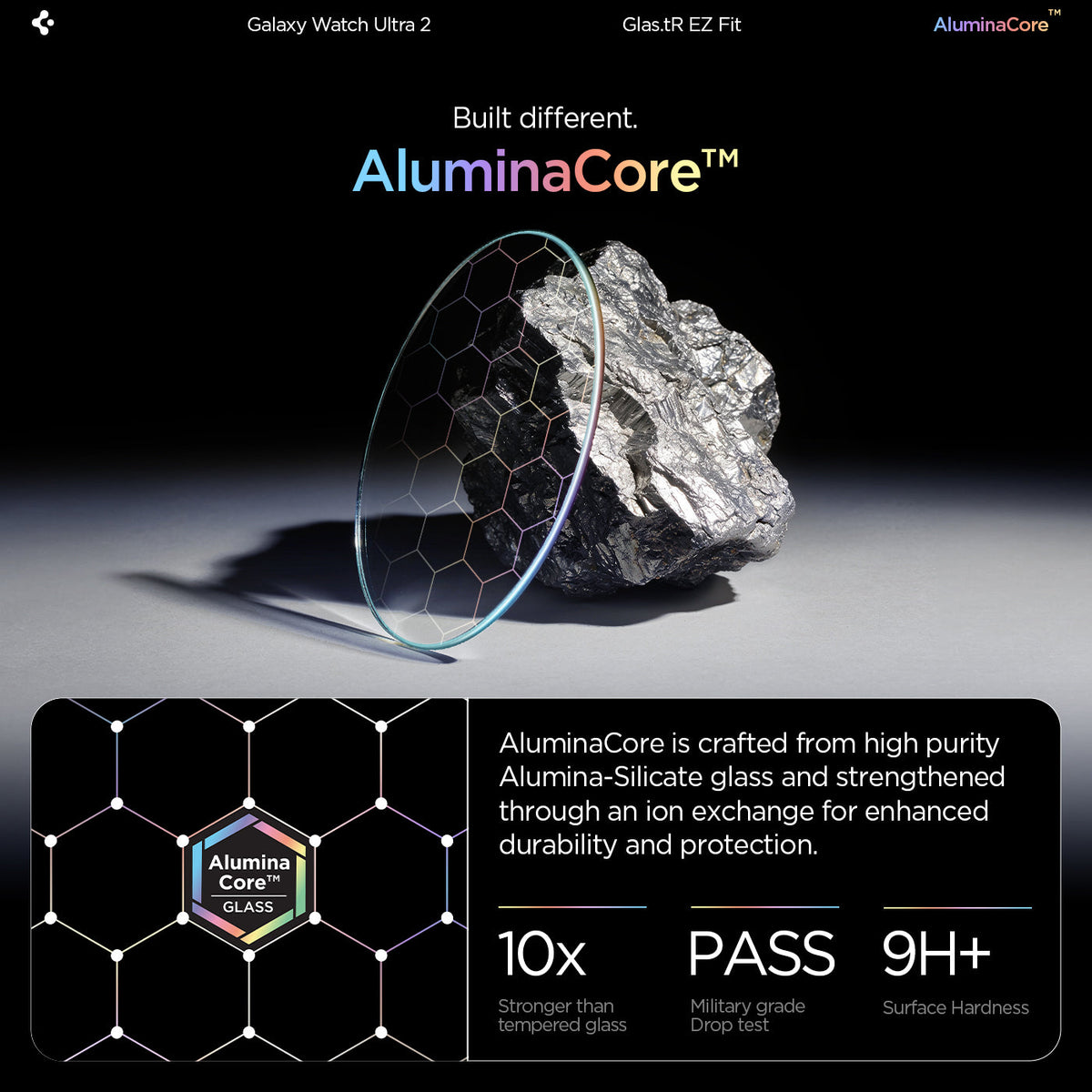 AGL11758 - Galaxy Watch Ultra Series - GLAS.tR EZ Fit showing the AluminaCore glass compared to a rock, highlighting its hardness and durability