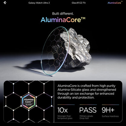 AGL11758 - Galaxy Watch Ultra Series - GLAS.tR EZ Fit showing the AluminaCore glass compared to a rock, highlighting its hardness and durability