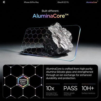 AGL07907 - iPhone 18 Pro Max / iPhone 17 Pro Max GLAS.tR EZ Fit | Sensor Protected showing the tempered glass material next to a raw mineral graphic with hexagonal pattern overlay and strength, drop test, and hardness ratings