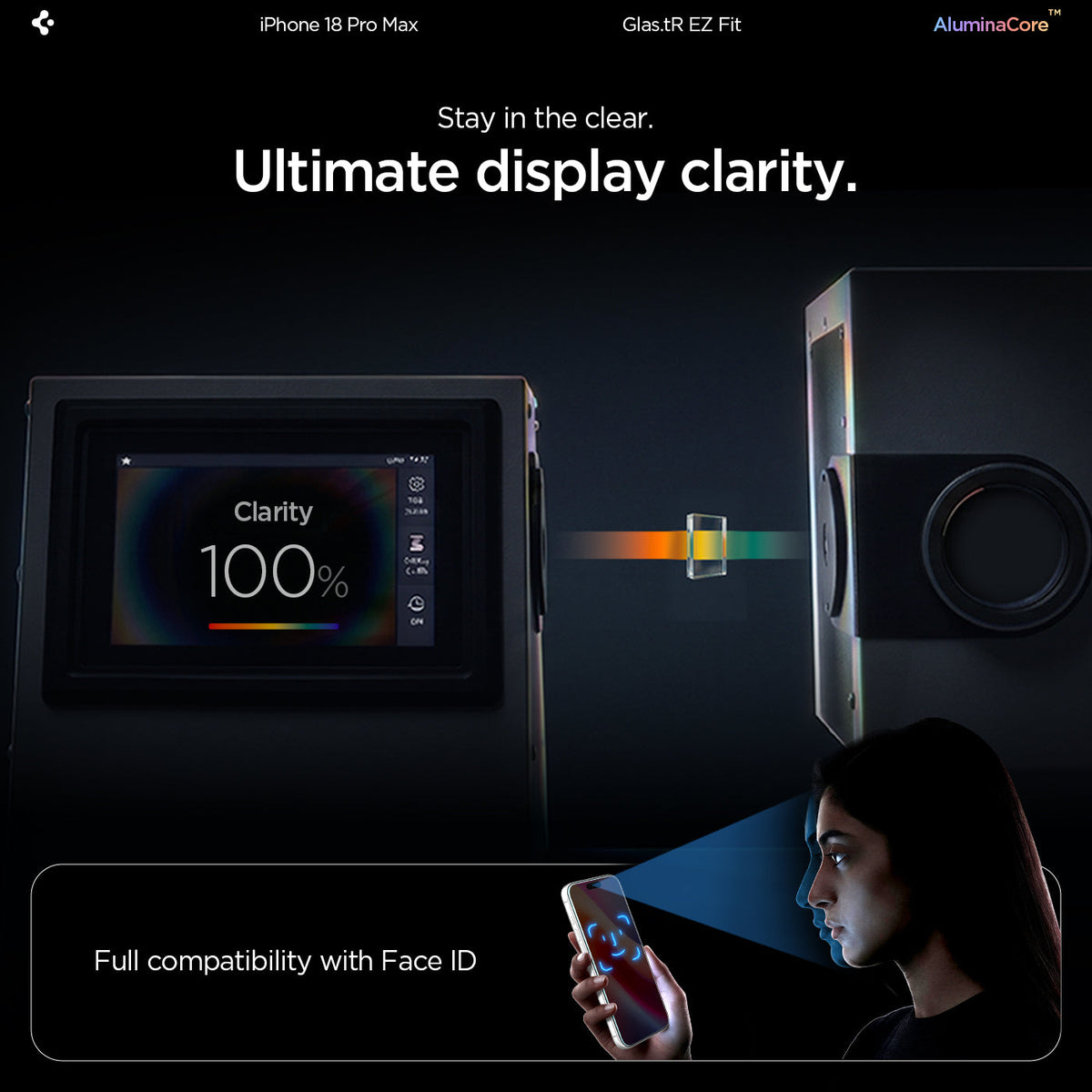 AGL07907 - iPhone 18 Pro Max / iPhone 17 Pro Max GLAS.tR EZ Fit | Sensor Protected showing a display clarity test setup alongside Face ID compatibility with the tempered glass installed