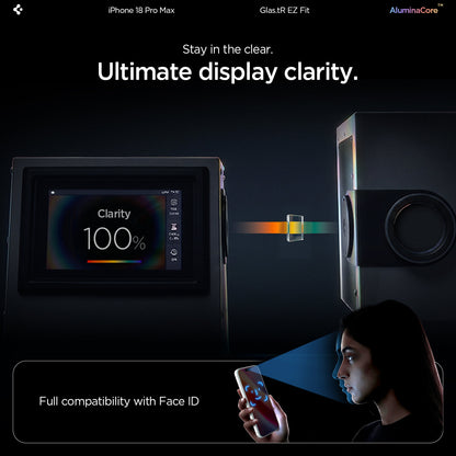 AGL07907 - iPhone 18 Pro Max / iPhone 17 Pro Max GLAS.tR EZ Fit | Sensor Protected showing a display clarity test setup alongside Face ID compatibility with the tempered glass installed