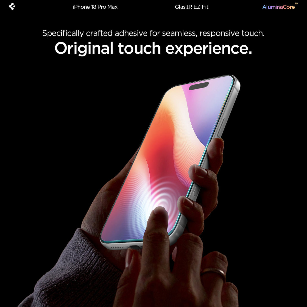 AGL07907 - iPhone 18 Pro Max / iPhone 17 Pro Max GLAS.tR EZ Fit | Sensor Protected showing a hand operating the touchscreen through the installed tempered glass to demonstrate touch responsiveness