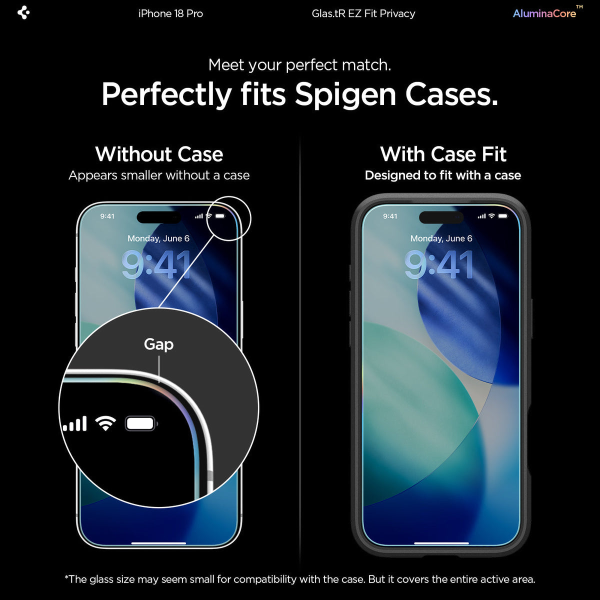 AGL12029 - iPhone 18 Pro Max Pro GLAS.tR EZ Fit | Privacy showing meet your perfect match. perfectly fits spigen cases
