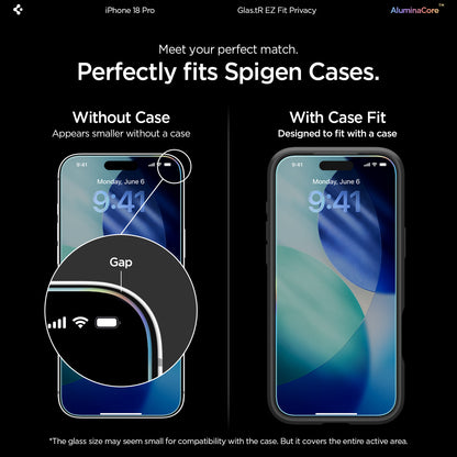 AGL12029 - iPhone 18 Pro Max Pro GLAS.tR EZ Fit | Privacy showing meet your perfect match. perfectly fits spigen cases
