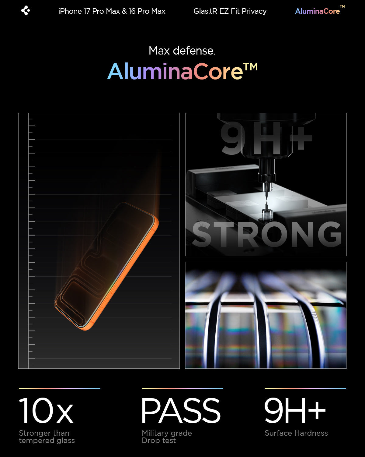 AGL07908 - iPhone 17 Pro Max GLAS.tR EZ Fit Privacy showing the max defense with aluminacore