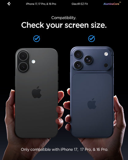 AGL07928 - iPhone 17 Pro / iPhone 17 GLAS.tR EZ Fit | Sensor Protected showing the compatibility. Check your screen size. Only compatible with iPhone 17 Pro and iPhone 17