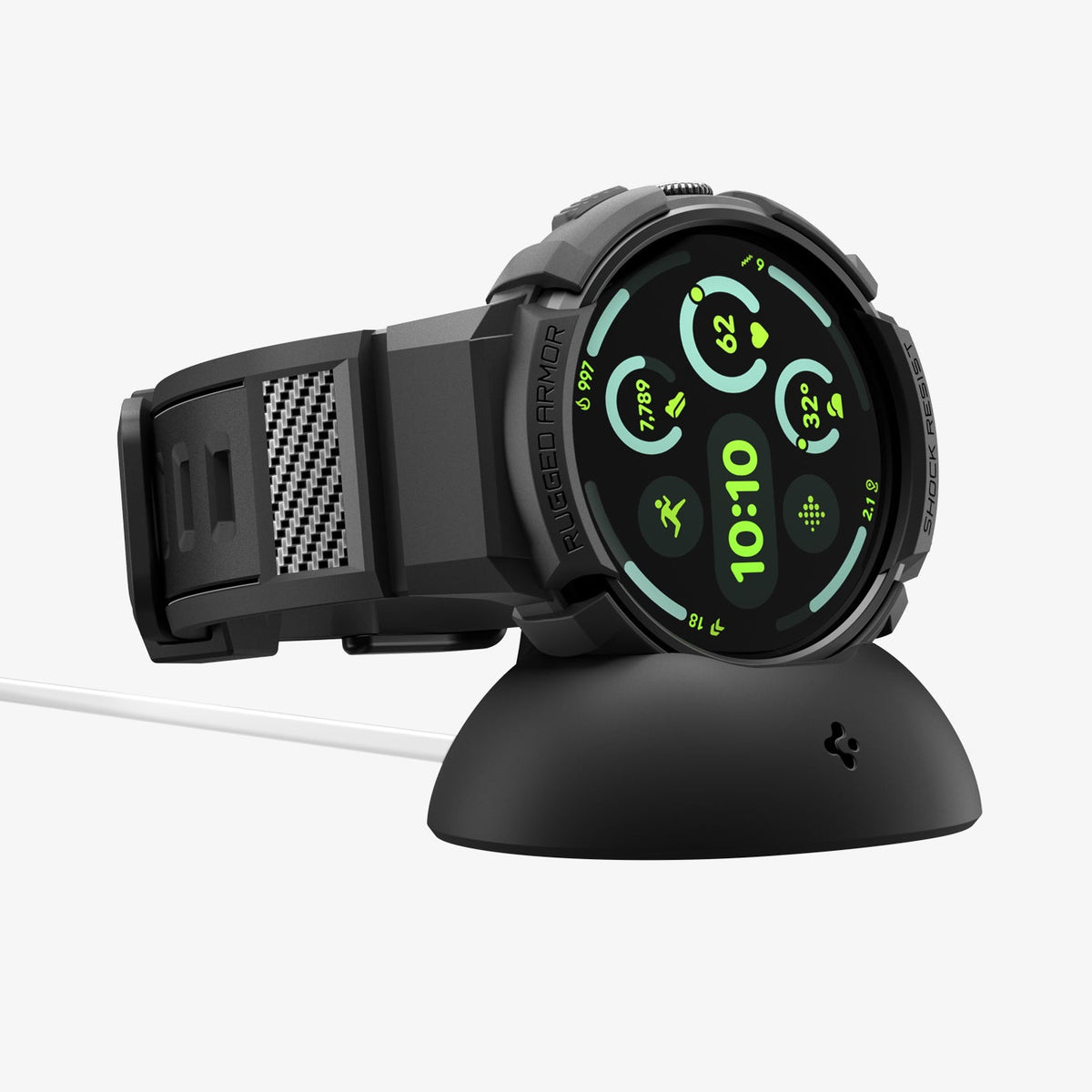 ACS11223 - Pixel Watch 4 (45mm) Band Rugged Armor Pro in black showing the front and side with watch on charging stand