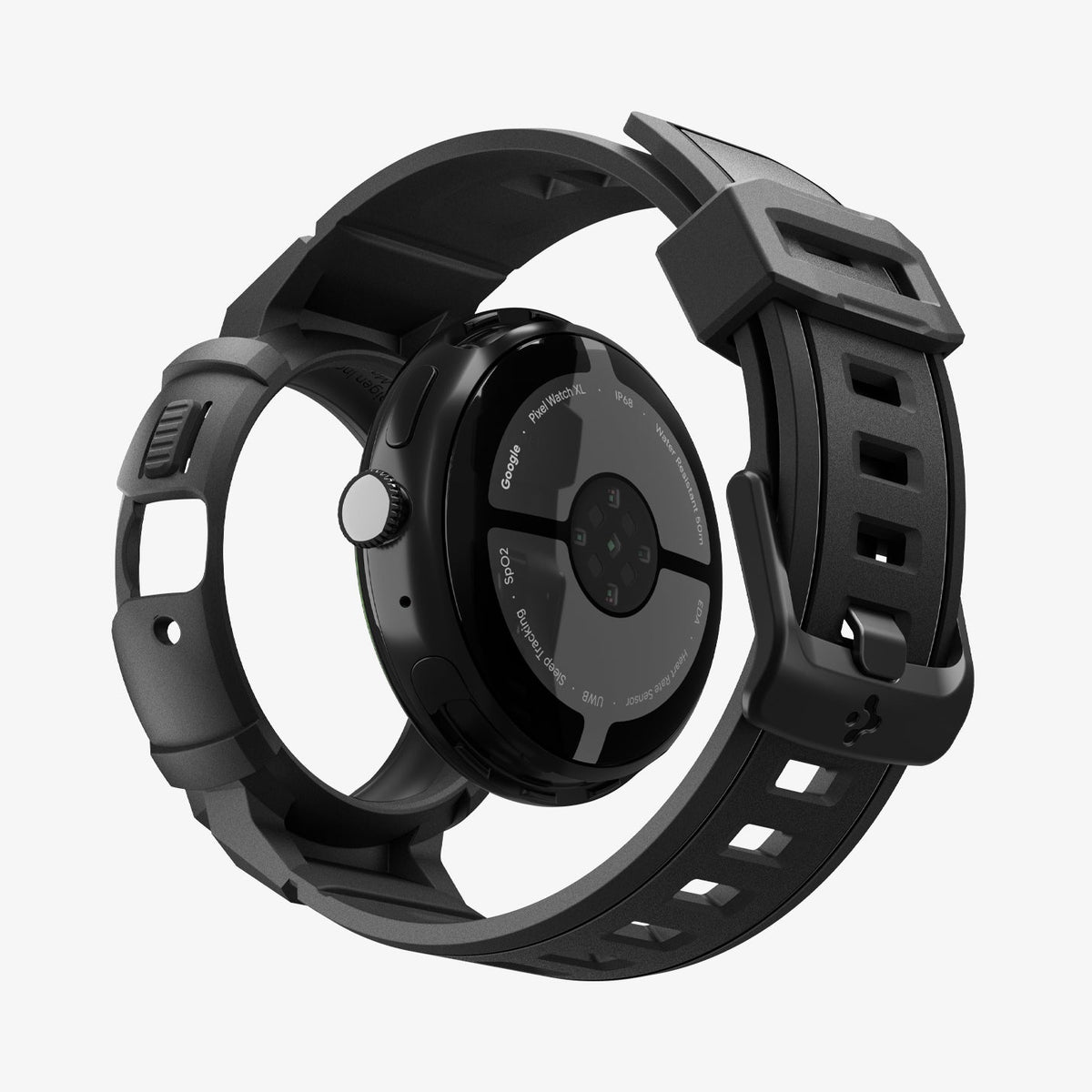 ACS09484 - Pixel Watch 5 (41mm) Rugged Armor Pro Black showing the back with watch face hovering away from band