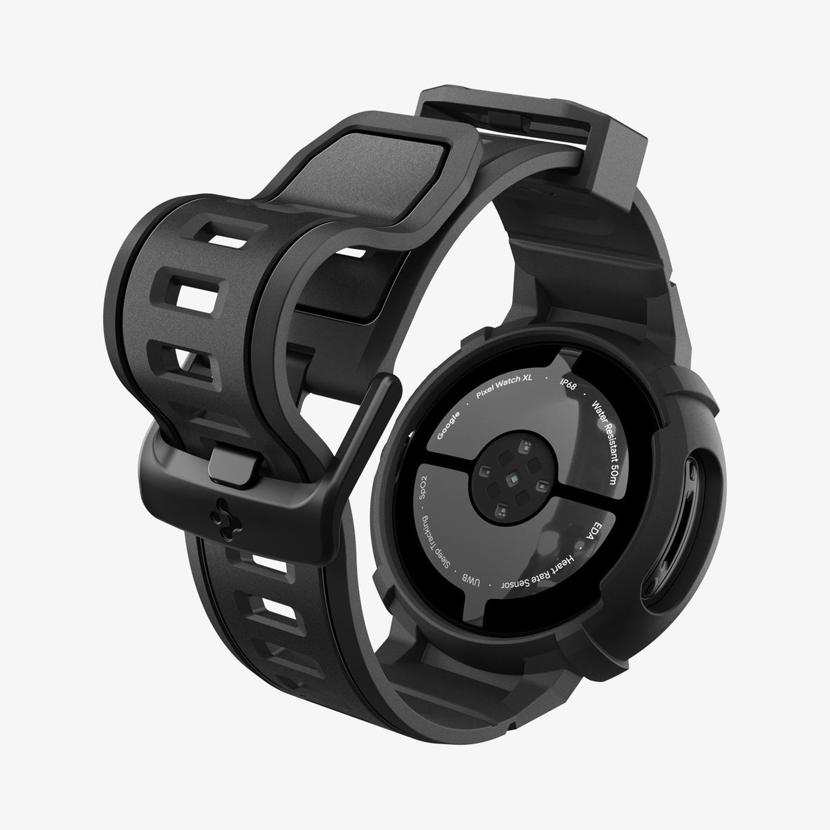 ACS09484 - Pixel Watch 5 (41mm) Rugged Armor Pro Black showing the back with strap slightly bending