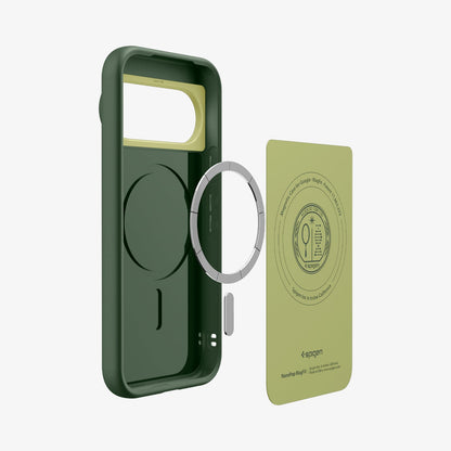ACS11456 - Pixel 11 Pro XL Nano Pop (Mag Fit) Avo Green exploded view showing the built in magnetic ring, microfiber lining, and layered case construction.