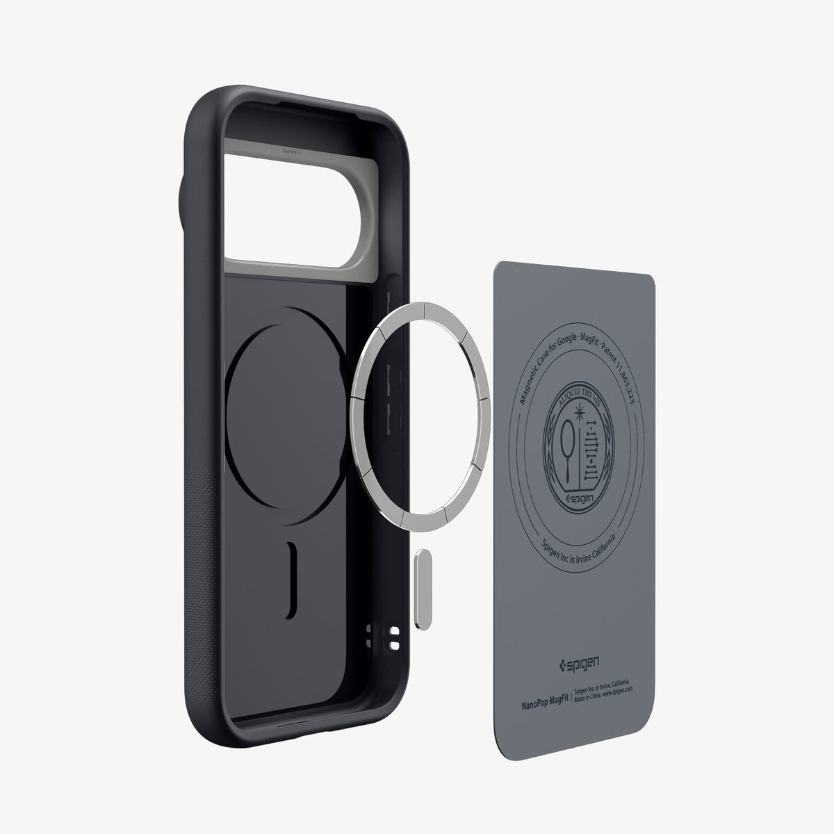 ACS11435 - Pixel 11 Pro Nano Pop (Mag Fit) Black Sesame exploded view showing the built in magnetic ring, microfiber lining, and layered case construction.