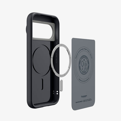 ACS11435 - Pixel 11 Pro Nano Pop (Mag Fit) Black Sesame exploded view showing the built in magnetic ring, microfiber lining, and layered case construction.