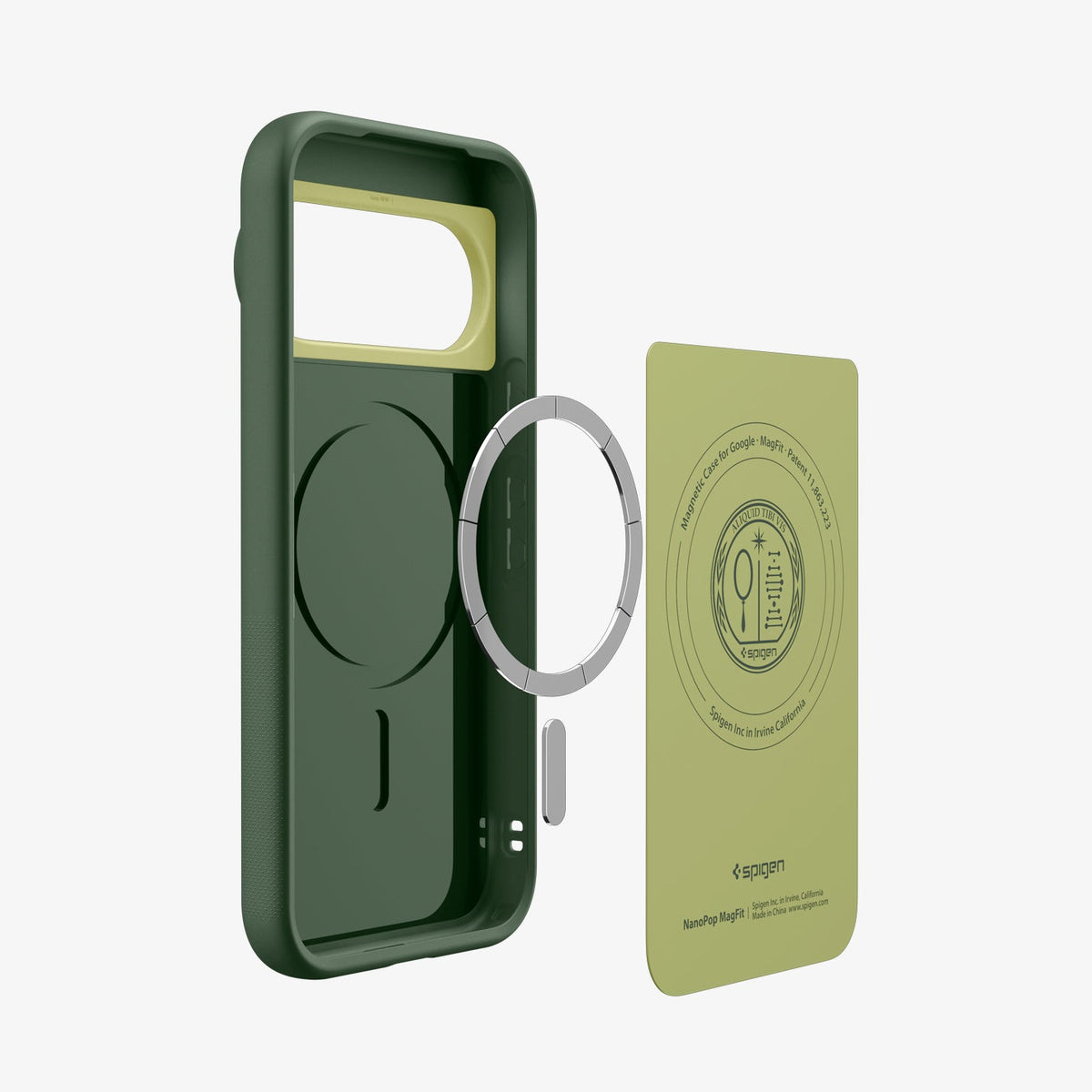 ACS11436 - Pixel 11 Pro Nano Pop (Mag Fit) Avo Green exploded view showing the built in magnetic ring, microfiber lining, and layered case construction.