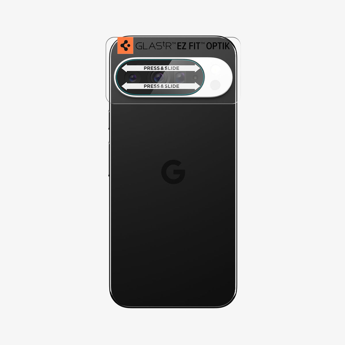 AGL09663 - Pixel 10 Pro XL Optik EZ Fit Lens Protector showing the installation tray attached to the device