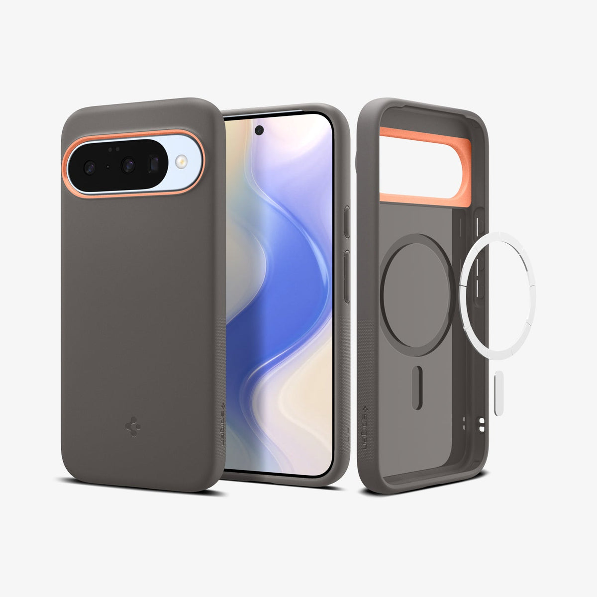 ACS09712 - Pixel 10 Pixel 10 Pro Case Nano Pop (MagFit) in Papaya Gray showing the back, front and inside