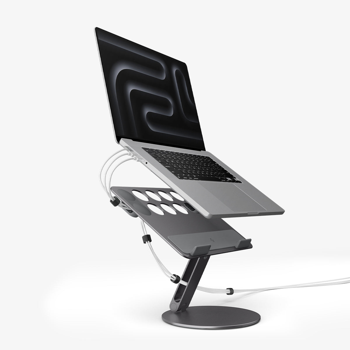 AMP09303 - Laptop Stand | LD206C in Space Gray showing the front and side with laptop hovering above the stand