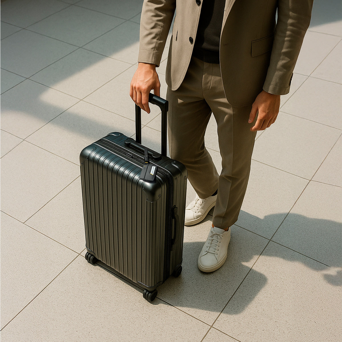 AHP08865 - luggage tag 2 pack in black showing suit bag with tag.