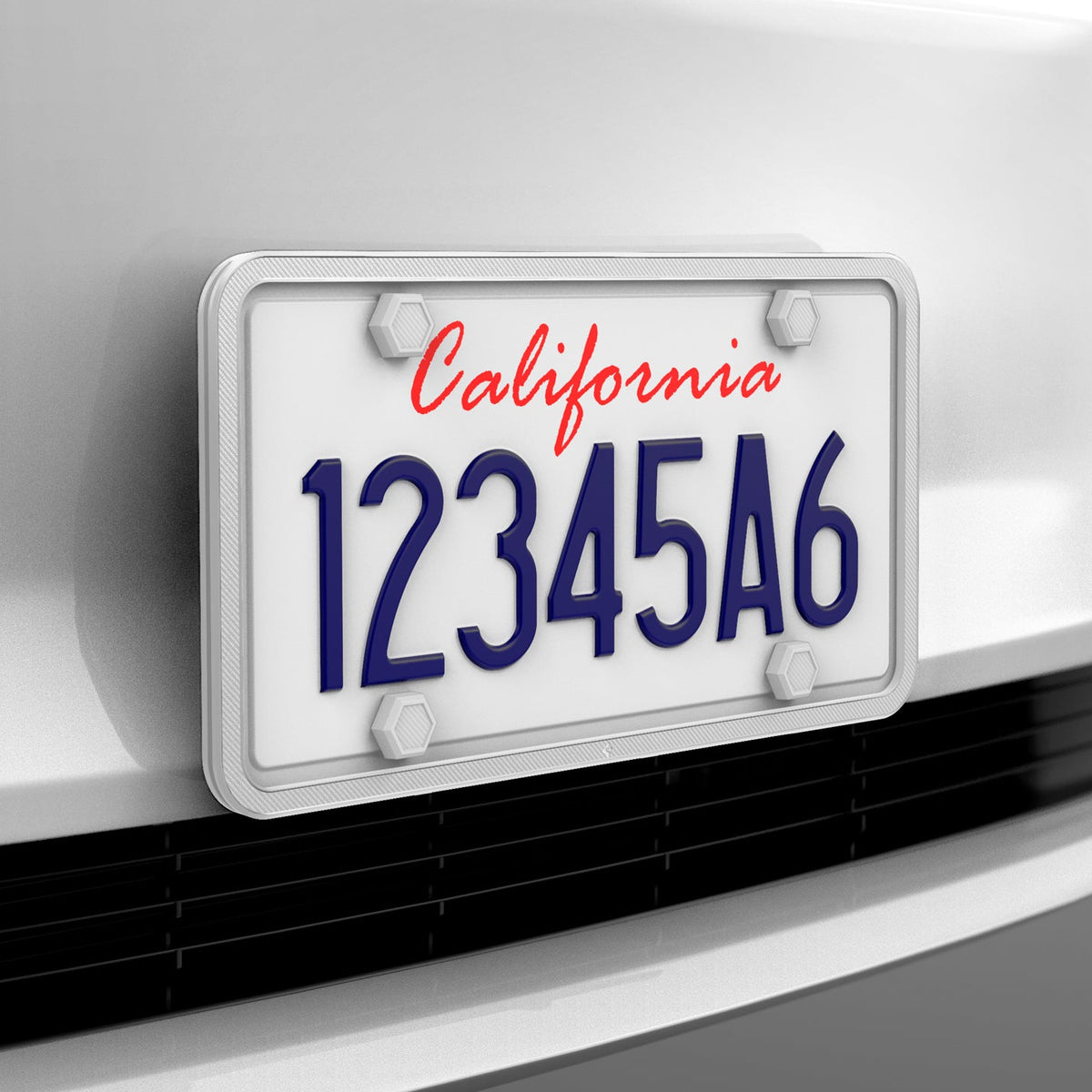 ACP12020 - License Plate Frame | LP100 in White showing the front and sides installed to a car