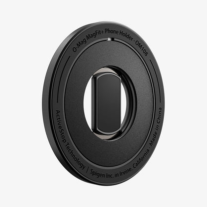 AMP11739 - O-Mag Magnetic Phone Holder (Mag Fit+) | OM108 side view of the phone holder displaying engraved branding and ActiveStop Technology text
