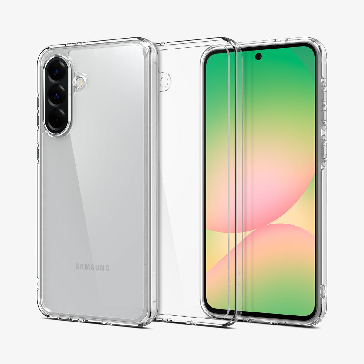 ACS09292 - Galaxy A56 5G Case Ultra Hybrid in Crystal Clear showing the back, in the middle, a clear tpu case next to it, is a device facing front