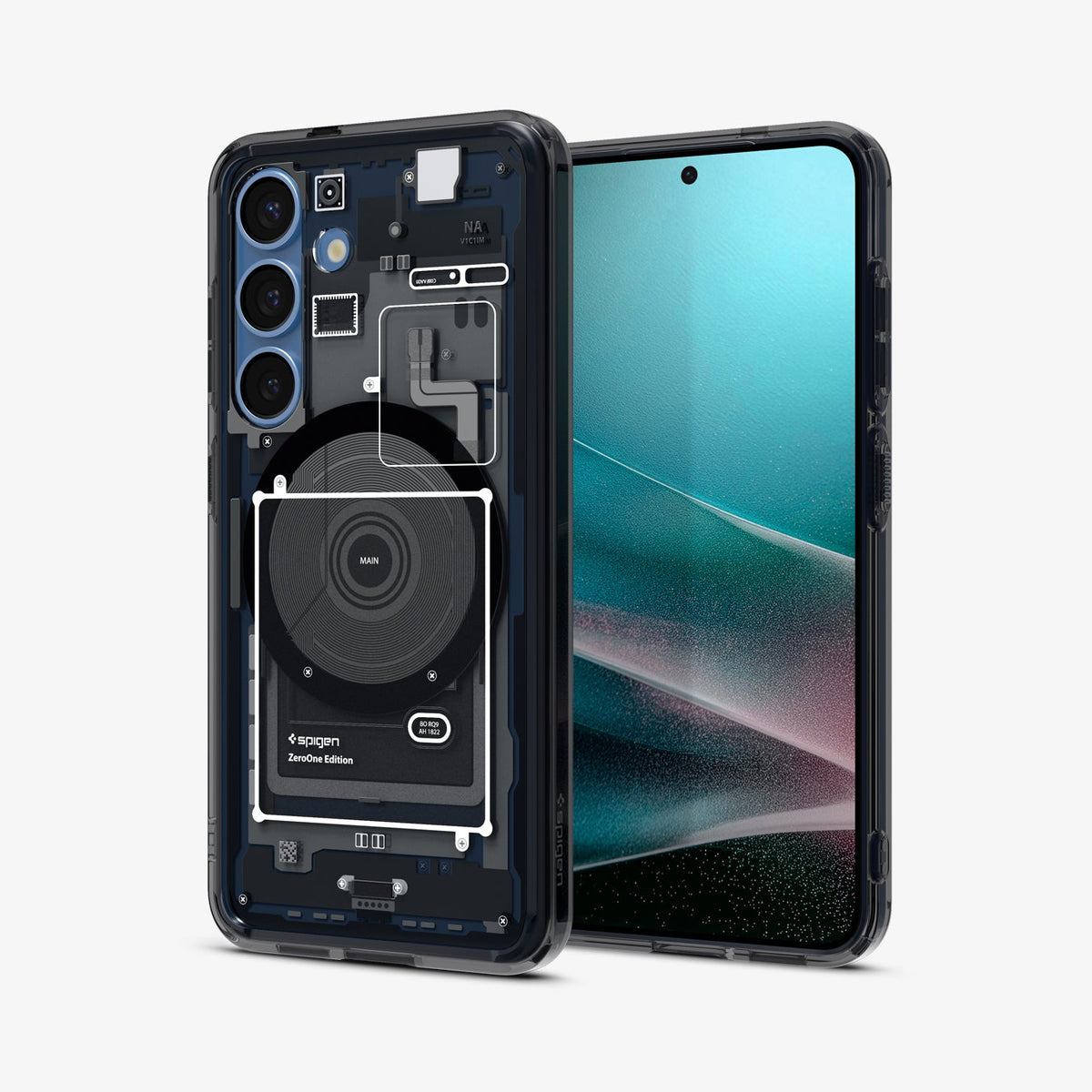 ACS08982 - Galaxy S25 Plus Case Ultra Hybrid Metal Ring Zero One (MagFit) in Zero One Black showing the back, partial front and sides