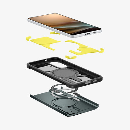 ACS09424 - Galaxy S25 Edge Case Tough Armor AI (MagFit) in Abyss Green showing the device hovering above the detached impact foam, tpu frame, magnet ring and back layer of the case