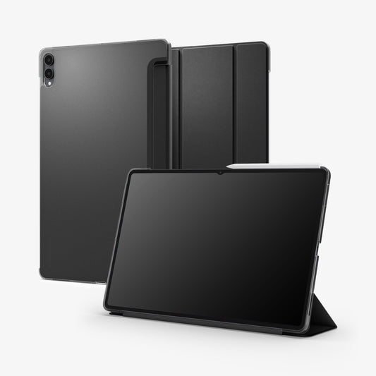 ACS11821 - Galaxy Tab S12 Ultra Liquid Air Folio showing front, back, and stand views of a folio tablet case with stylus attachment.