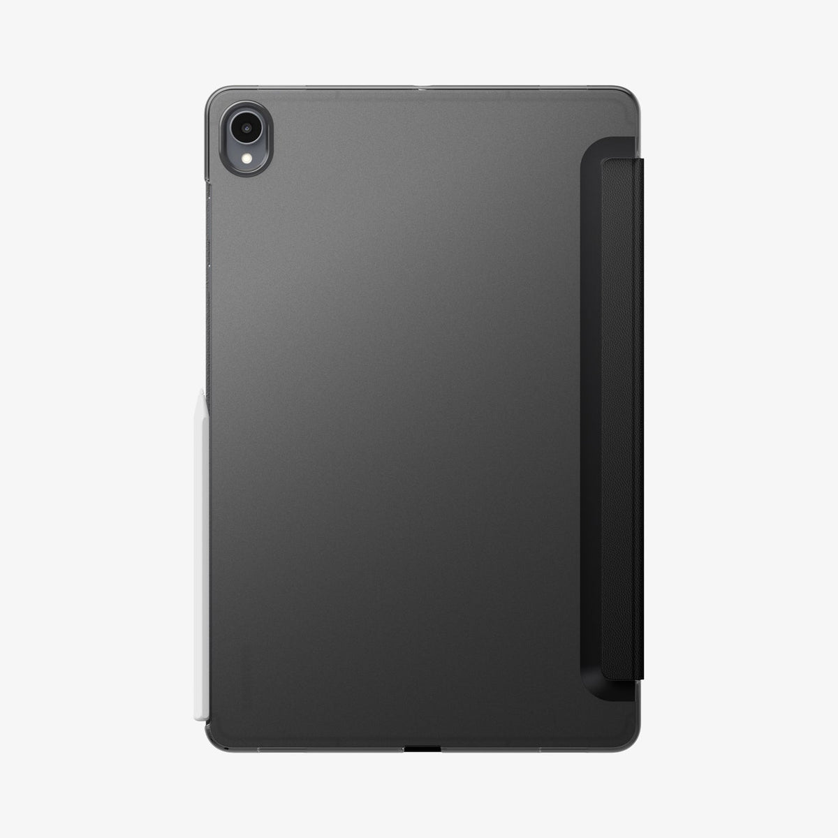 ACS11828 - Galaxy Tab S12+ Liquid Air Folio showing the back of a tablet case with a translucent panel, camera cutout, folding cover, and stylus attached along the side.