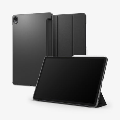 ACS11828 - Galaxy Tab S12+ Liquid Air Folio showing front, back, and stand views of a folio tablet case with stylus attachment.