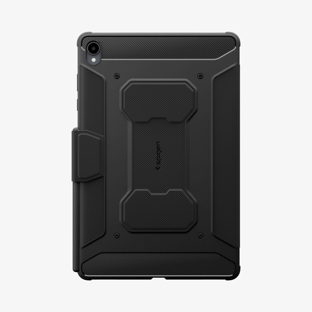 ACS11822 - Galaxy Tab S12+ Rugged Armor Pro showing the back of a tablet case with textured panels, reinforced corners, a built-in stand, and pen storage.