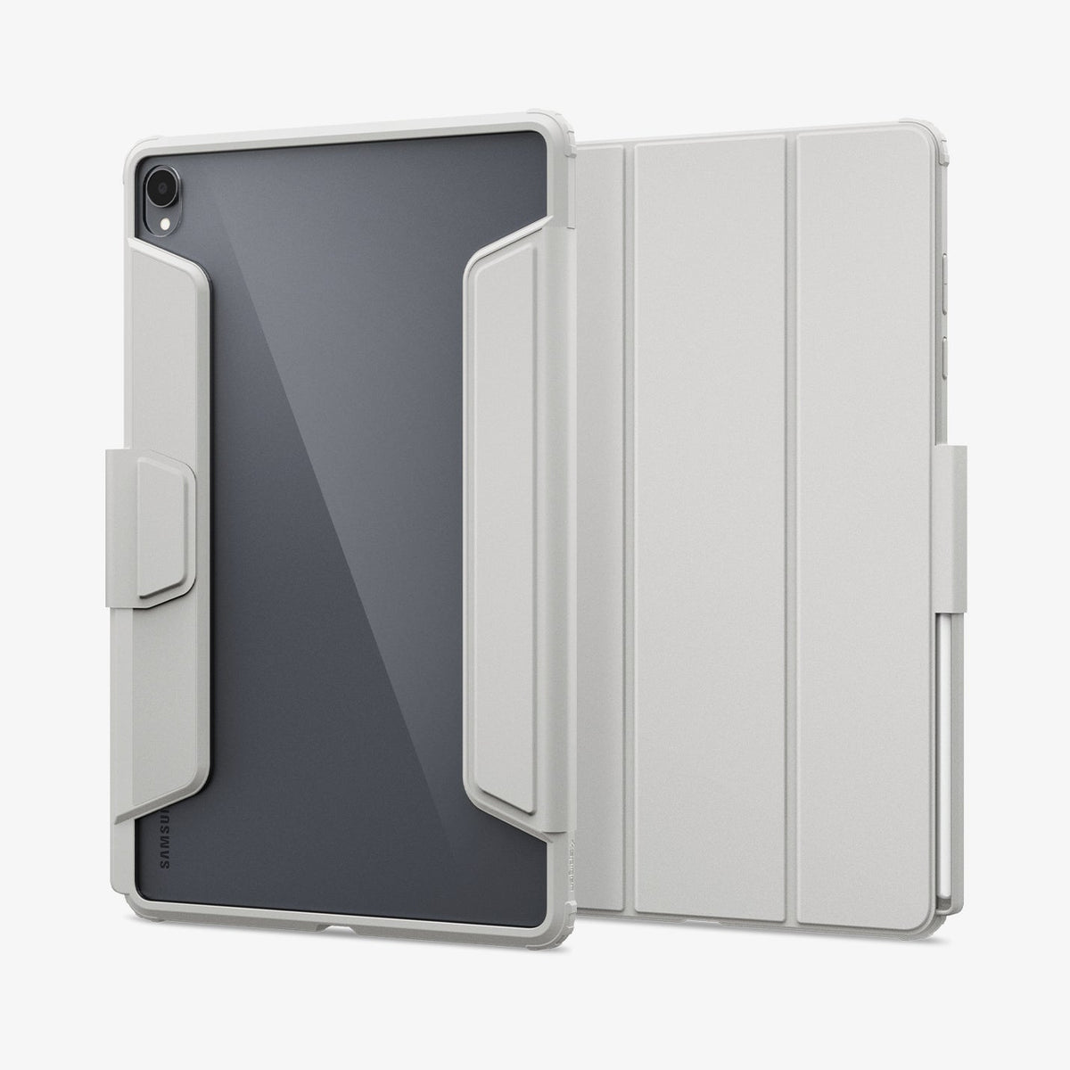 ACS11826 - Galaxy Tab S12+ Ultra Hybrid Pro in Gray showing front and back views of a folio tablet case with a transparent back panel, reinforced frame, tri-fold cover, and stylus storage.