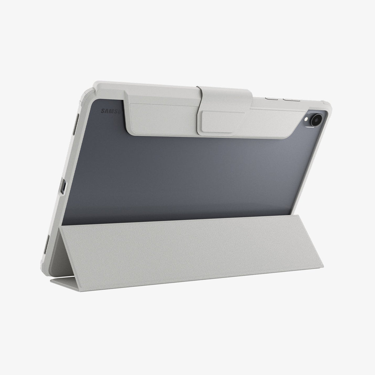 ACS11826 - Galaxy Tab S12+ Ultra Hybrid Pro in Gray showing the back of a tablet case supported by the folded folio cover in a stand position.