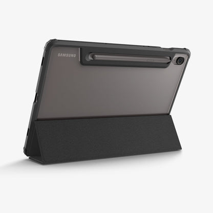 ACS09498 - Galaxy Tab S10 FE Case Ultra Hybrid Pro in Black showing the back and partial top and side with front cover converted into stand and S pen attached at the back