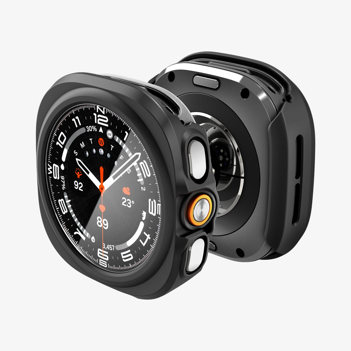 ACS11609 - Galaxy Watch Ultra Series Thin Fit 360 showing the case's front and back views together, highlighting the button cutouts