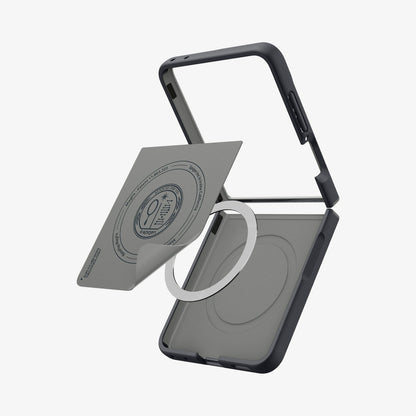 ACS11518 - Galaxy Z Flip 8 Nano Pop (Mag Fit) Black Sesame showing an angled close-up of the case's interior with a gray magnet alignment sheet lifted, patent labeling, and the "Air Cushion Technology" text visible.