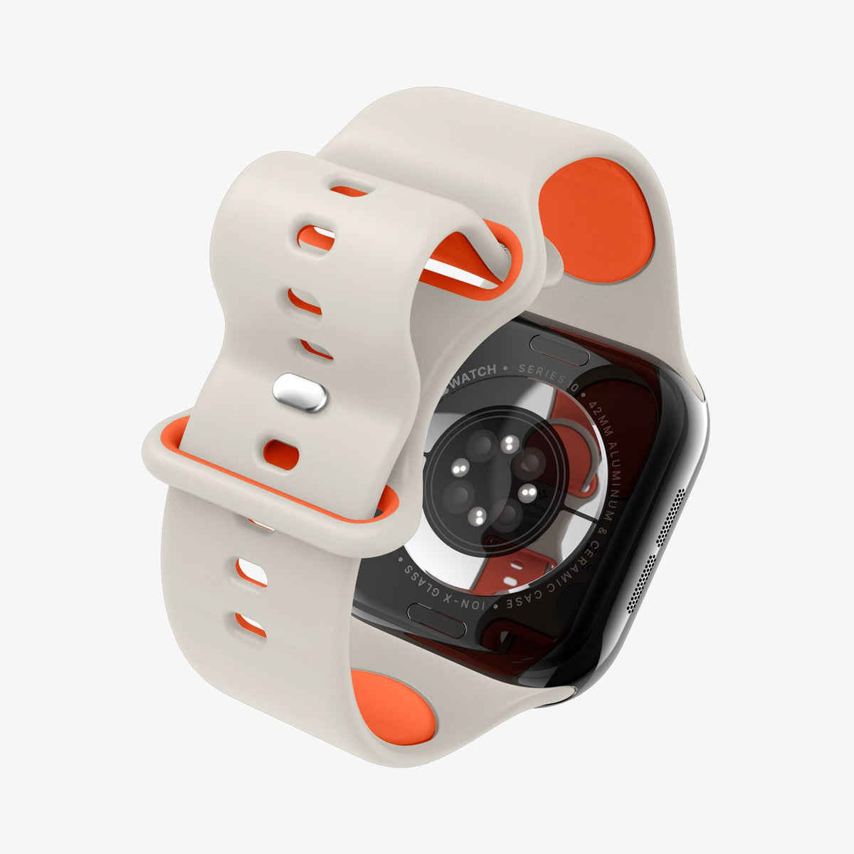 AMP09326 - Apple Watch Series - Nano Pop 42mm in Orange Beige showing the back bottom, strap partially curled up, back of the watch face and partial inner