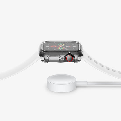 ACS00428 - Apple Watch Series (44mm) Case Ultra Hybrid in crystal clear showing the side with watch hovering above the charger