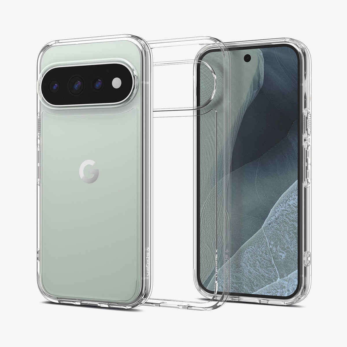 ACS11430 - Pixel 11 Pro Ultra Hybrid Crystal Clear front and back views of the crystal clear case showing a slim design and raised camera surround.